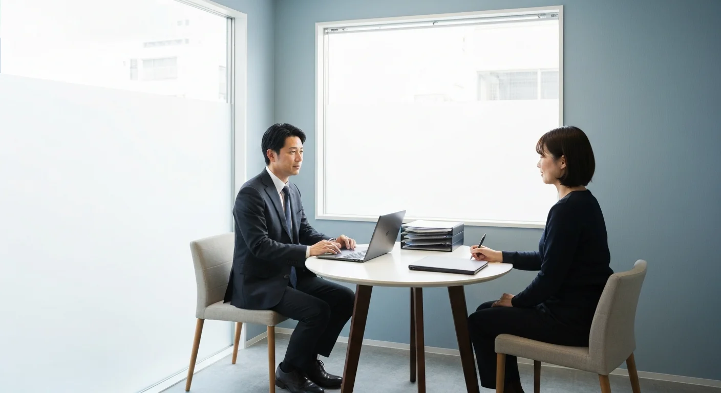 窓辺の丸テーブルに椅子を二脚置いた来所相談用の個室