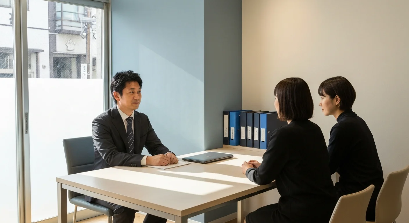 窓から自然光が入る相談室のテーブルと二脚の椅子