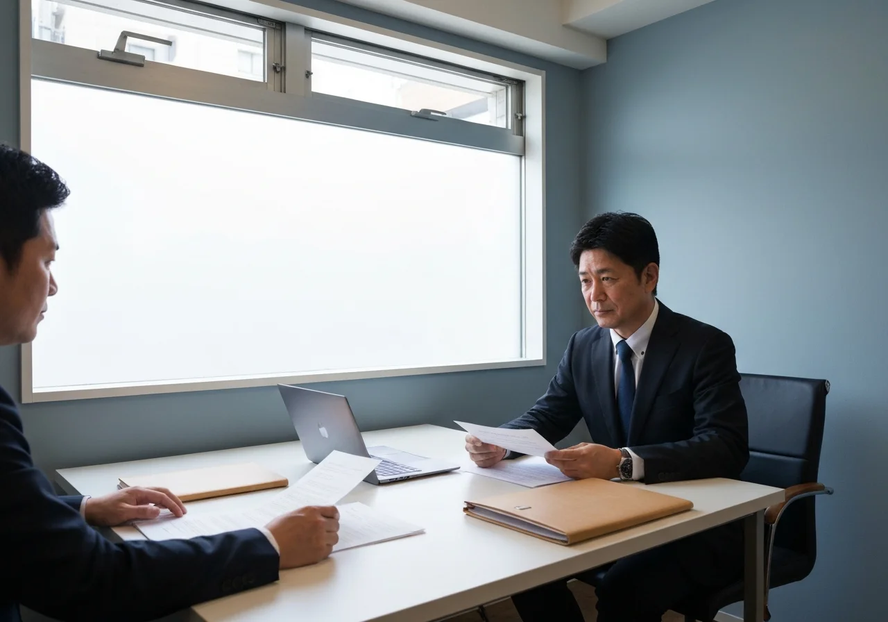 書類を確認しながら静かに作業する調査担当者の後ろ姿