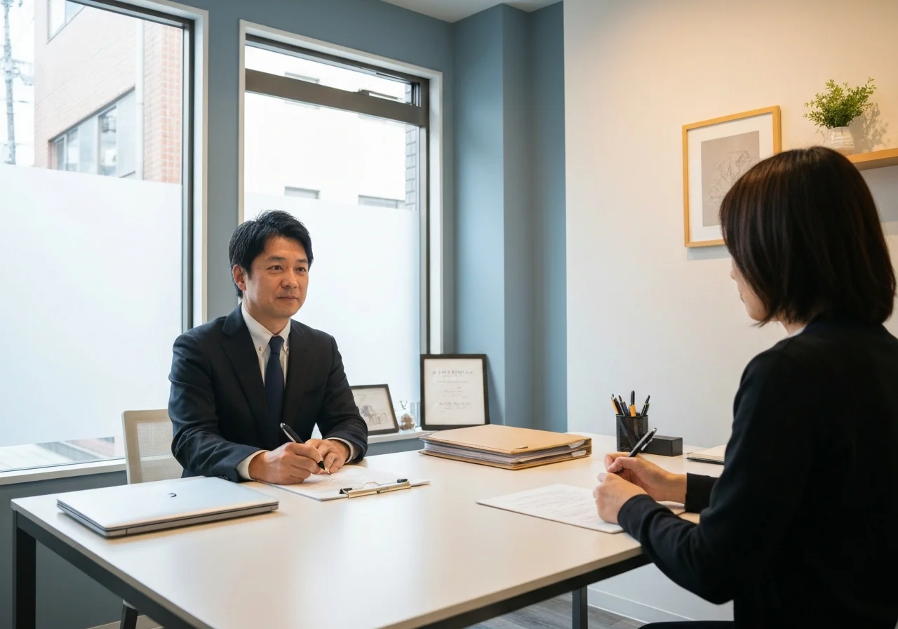 木製の机に調査資料とペンを整えた相談準備の様子